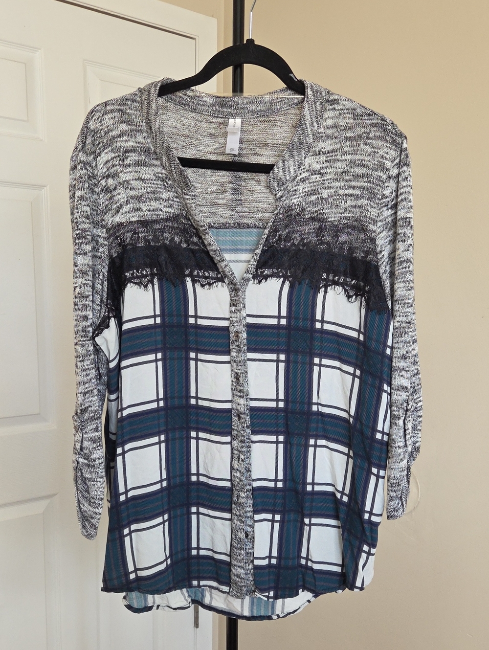 Warehouse One Mixed-Media Plaid Button-Down Shirt with Lace Trim